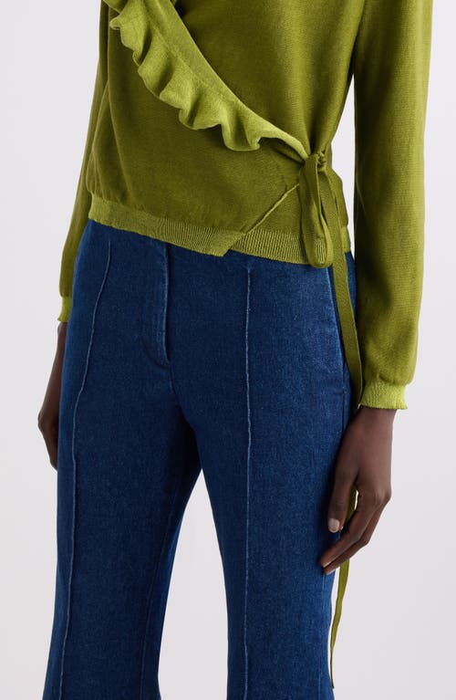 Dries Van Noten Two-tone Ruffle Wrap Cardigan In Olive