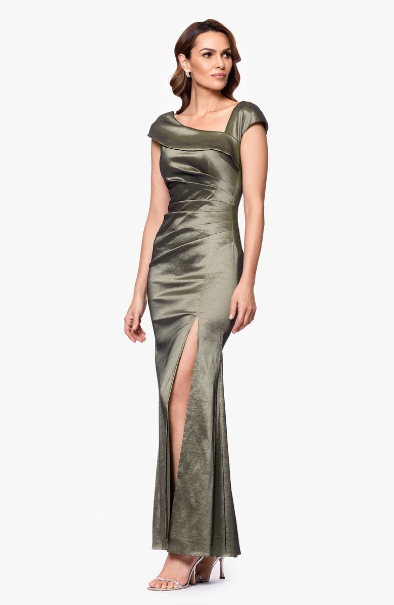 Xscape Evenings Asymmetric Neck Ruched Taffeta Gown, Alternate, color, Olive