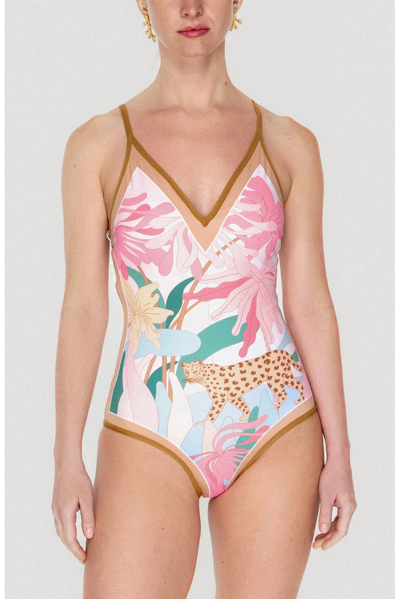 Blush Jungle Reversible V-Neck One-Piece Swimsuit, Alternate, color, Black