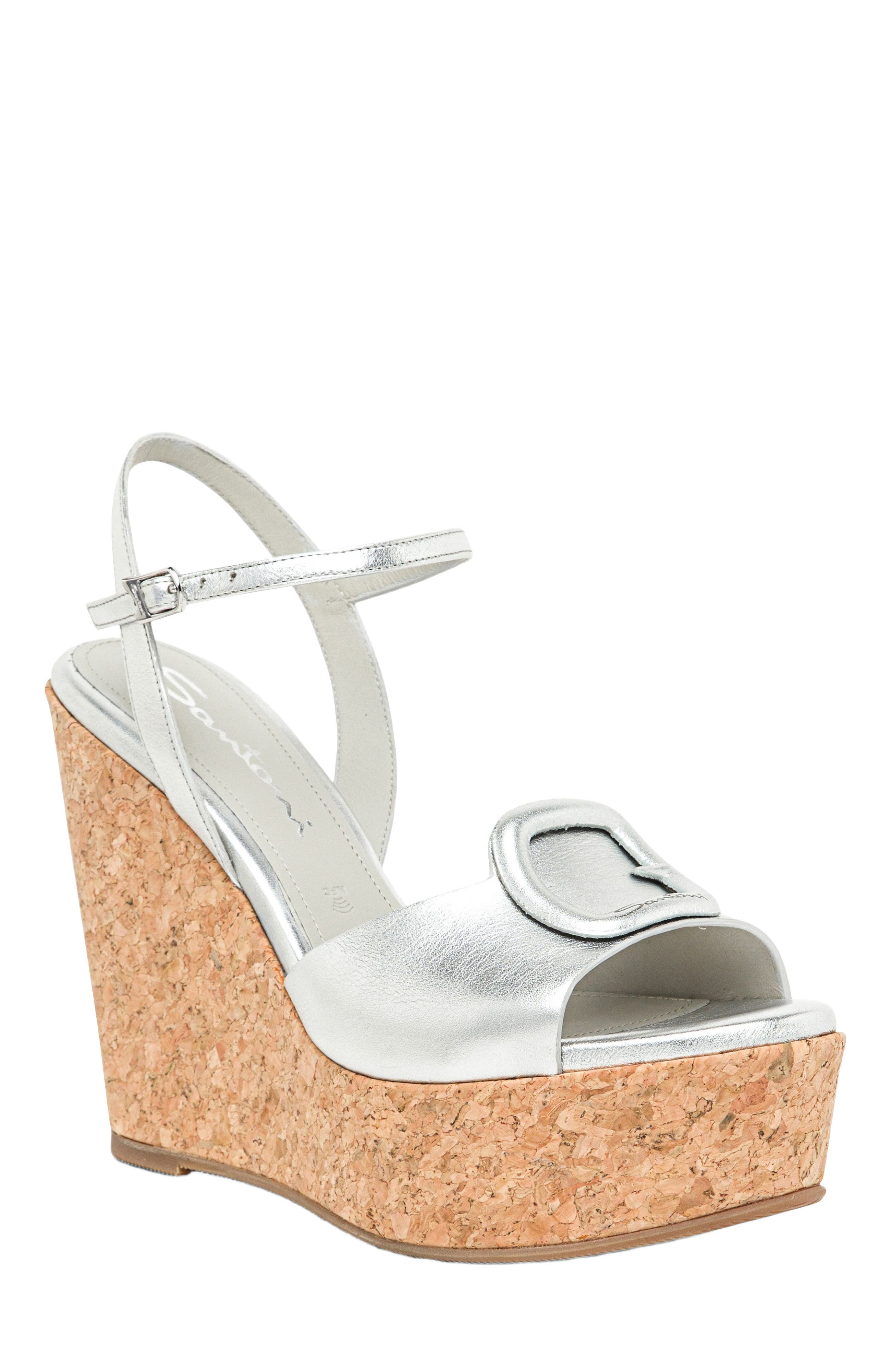 Santoni Women's leather wedge, Alternate, color, Silver