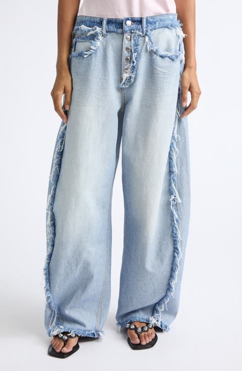 Inverted Blow Up Frayed Barrel Leg Jeans
