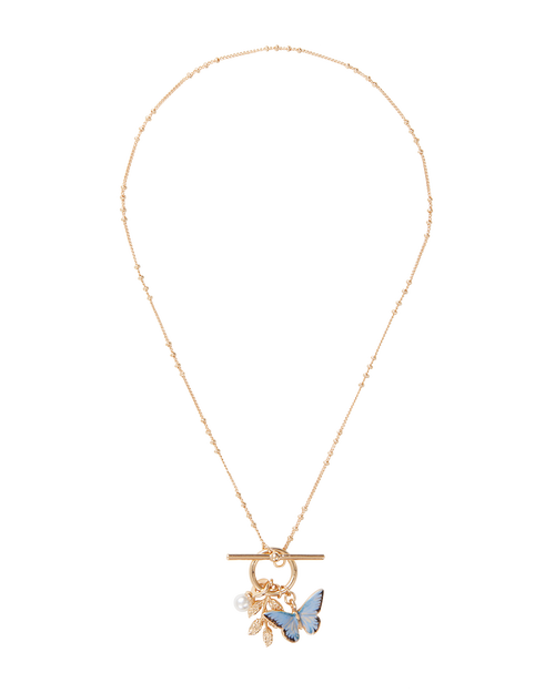 Fable England Enamel Blue Butterfly & Leaf Charm Necklace In Gold