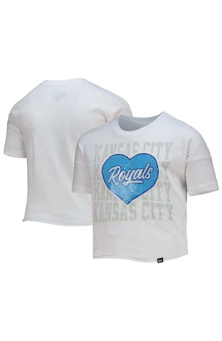 New Era Girls Youth New Era White Kansas City Royals Flip Sequin Heart Crop Top, Main, color,