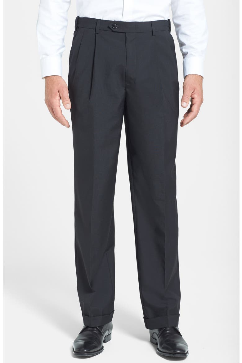 Self Sizer Waist Pleated Lightweight Plain Weave Classic Fit Trousers, Alternate, color, BLACK