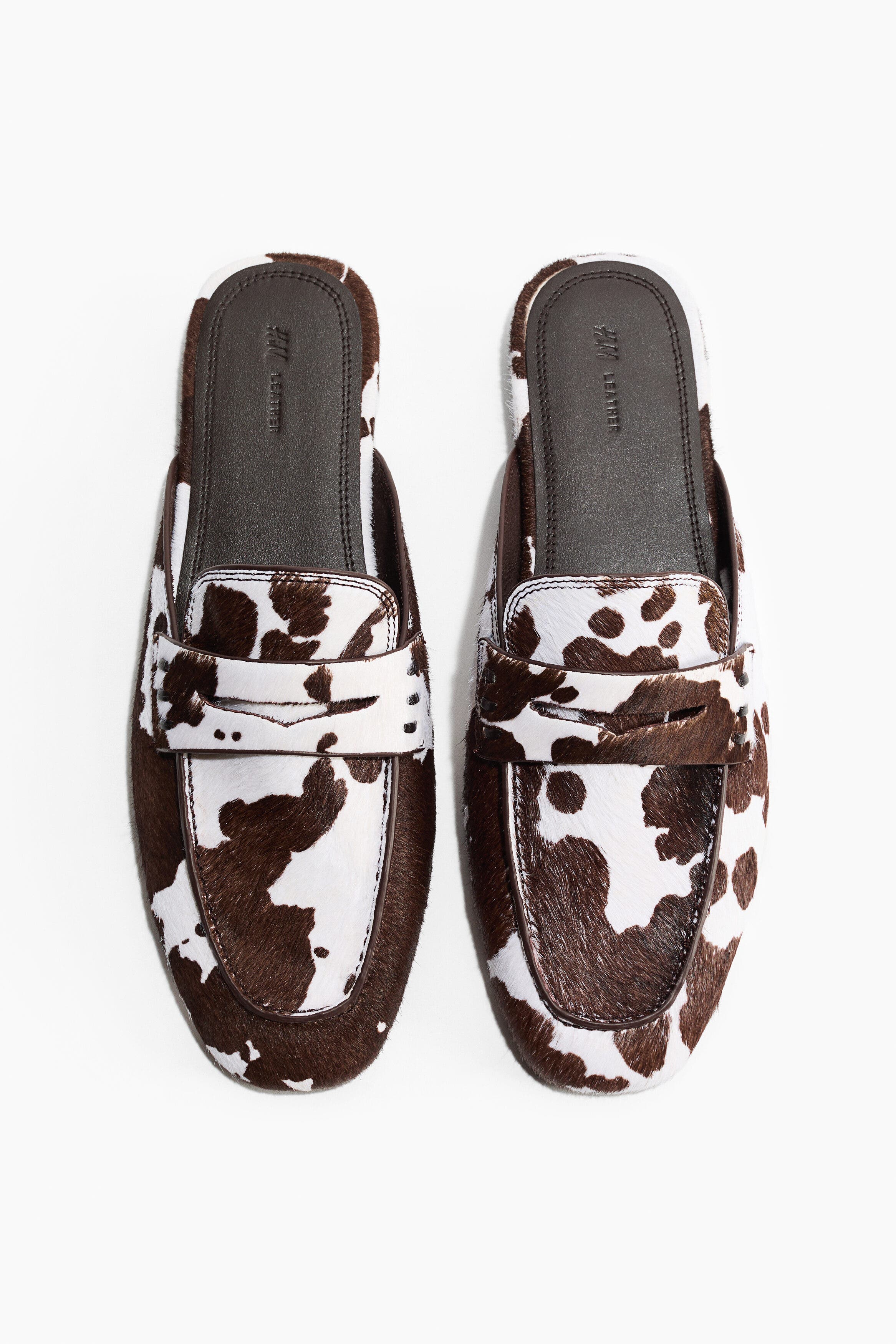 H&M Leather Loafer Mules, Main, color, Dark Brown/Cowhide Print
