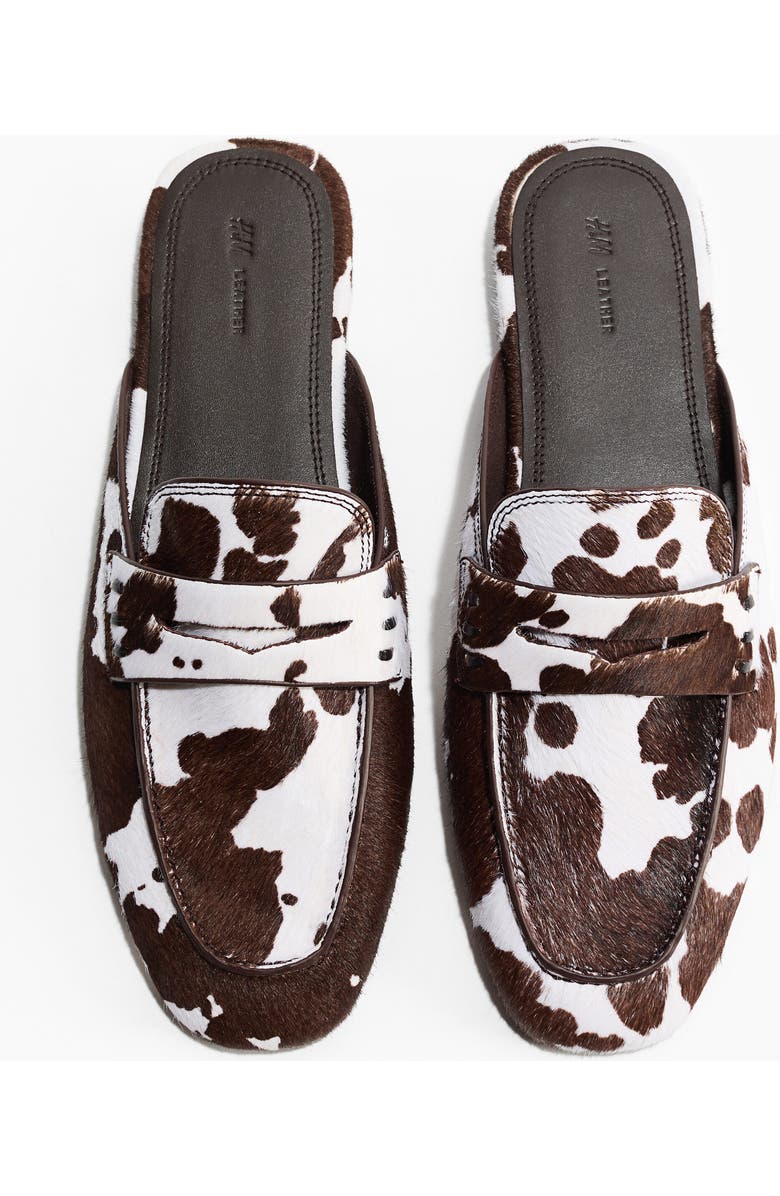 H&M Leather Loafer Mules, Main, color, Dark Brown/Cowhide Print
