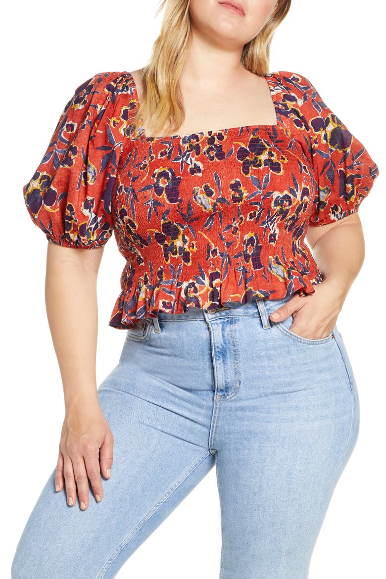 Print Smocked Crop Top, Main, color, RED OCHRE ABSTRACT FLORAL