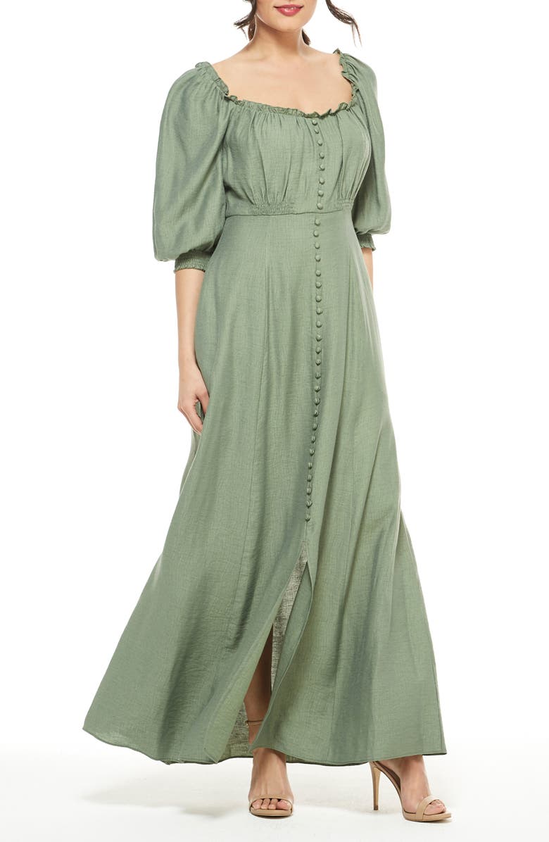 Gal Meets Glam Collection Joanna Shirred Neck Button Front Maxi Dress, Alternate, color, 