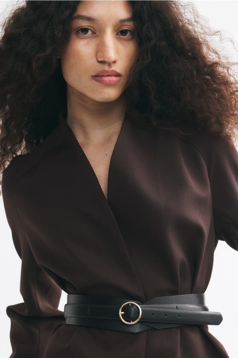 Belted Lapelless Jacket, Alternate, color, Dark brown