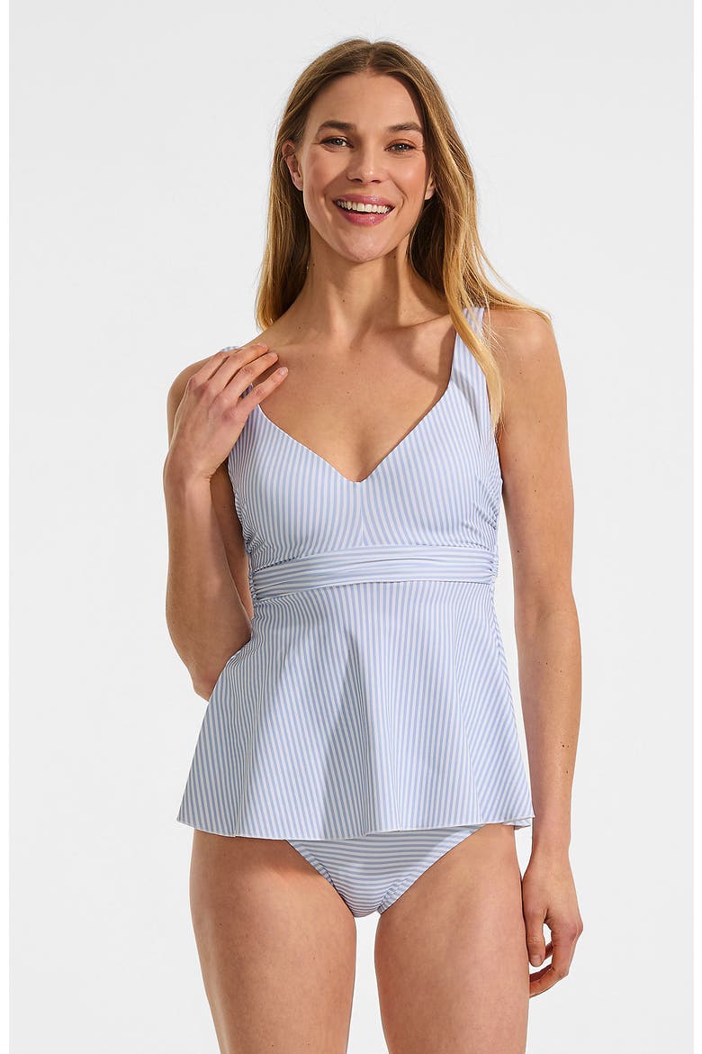 DD-Cup Sweetheart Belted Flutter Tankini, Main, color, Soft Cloud Blue Mini Stripe
