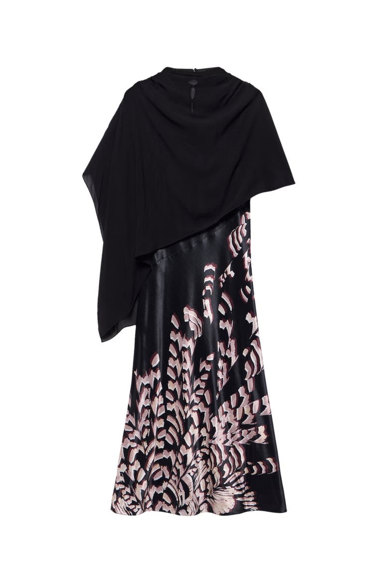 Satin Printed Cape Detail Maxi Dress, Alternate, color, Black