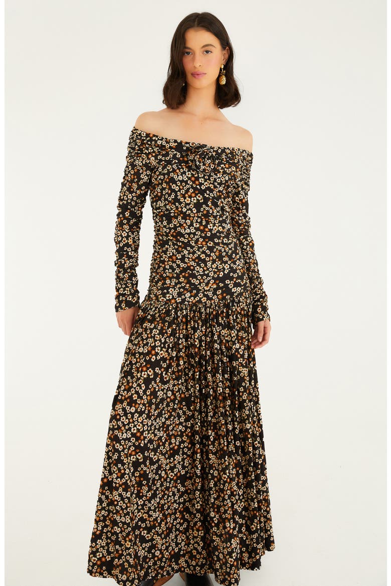 Floral Off the Shoulder Long Sleeve Maxi Dress, Alternate, color, BLACK