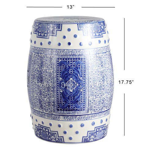 Jonathan Y Acanthus 17.8" Chinoiserie Ceramic Drum Garden Stool In Blue/white