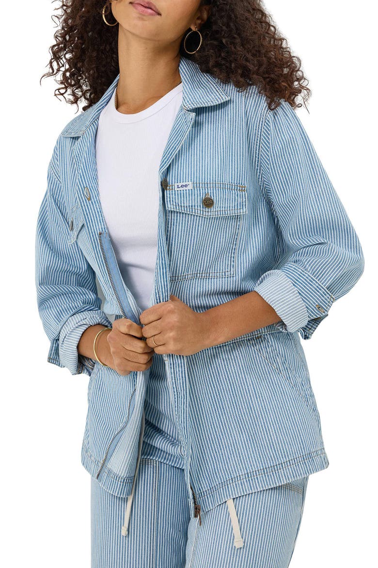 Military Oversize Stripe Cotton Denim Jacket, Main, color, MID RAILROAD