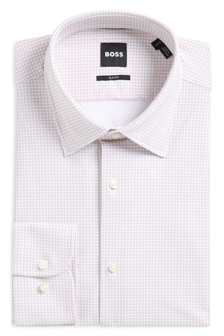 Hank Slim Fit Performance Stretch Geometric Dress Shirt, Main, color, OPEN BEIGE