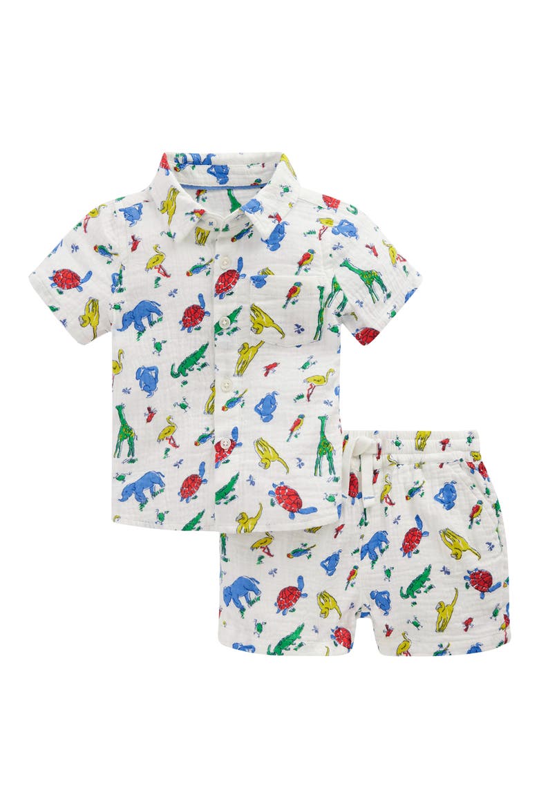 Cotton Gauze Short Sleeve Button-Up & Shorts Set, Main, color, IVORY MULTI JUNGLE ANIMALS