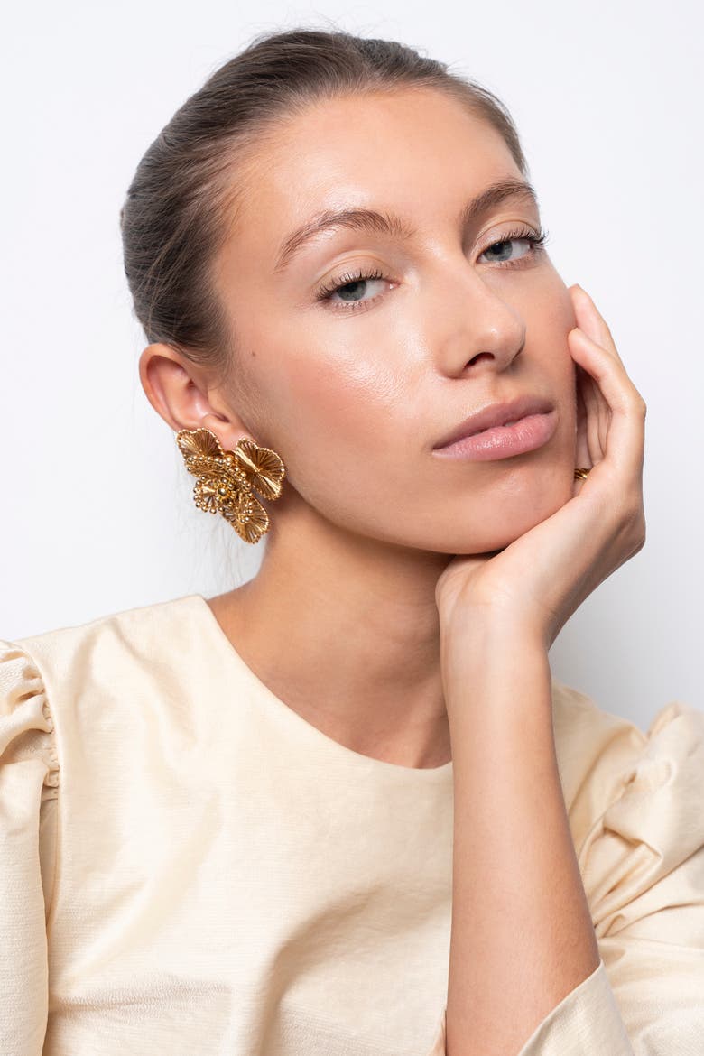 Silk Flower Statement Earrings in Gold, Alternate, color, Gold