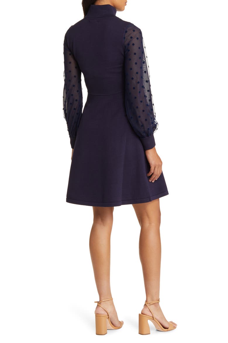 Mixed Media Long Sleeve Fit & Flare Dress, Alternate, color, NAVY