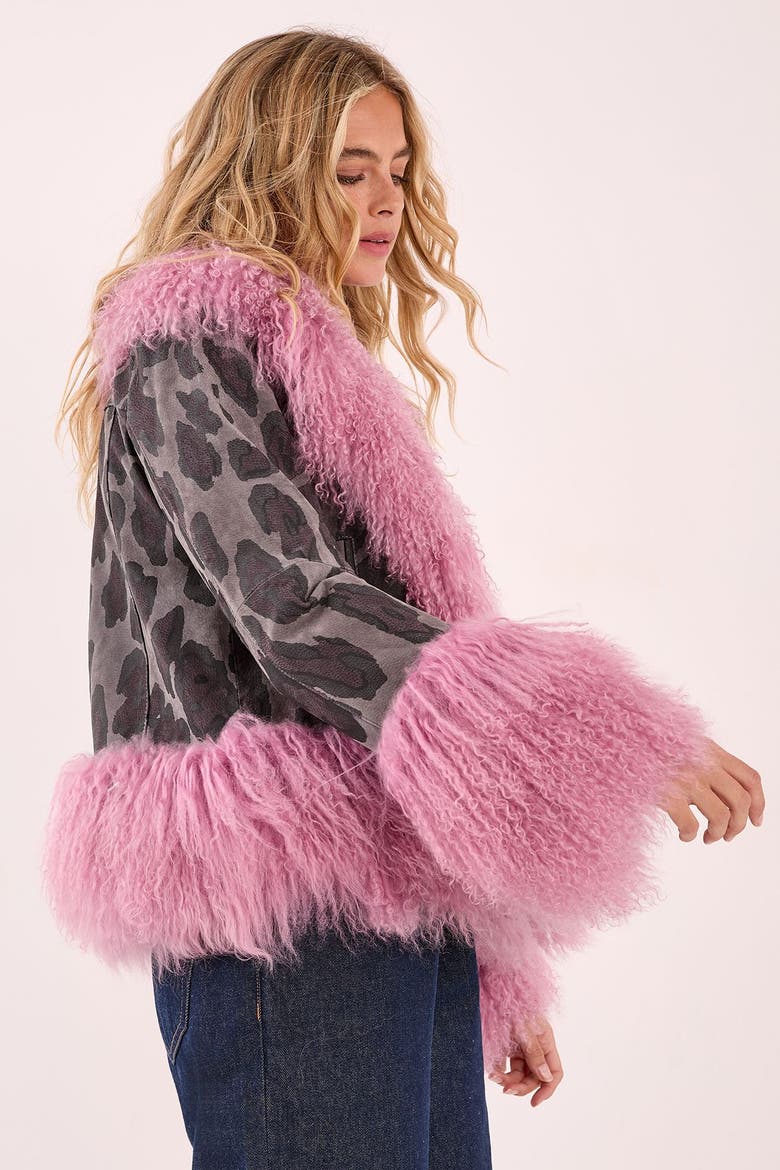 Printed Shearling Leather Jacket, Alternate, color, Charcoal