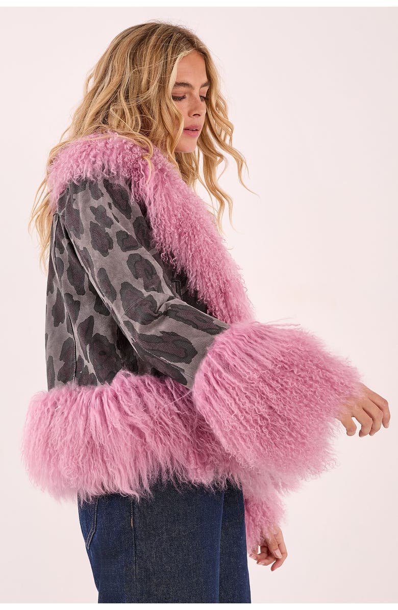 NASTY GAL Printed Shearling Leather Jacket, Alternate, color, Charcoal