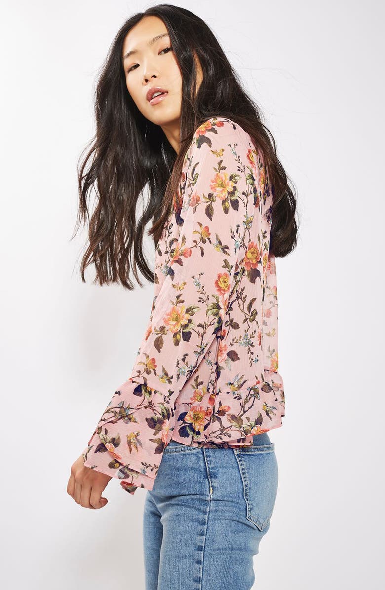 Topshop Floral Trumpet Sleeve Blouse, Alternate, color, 