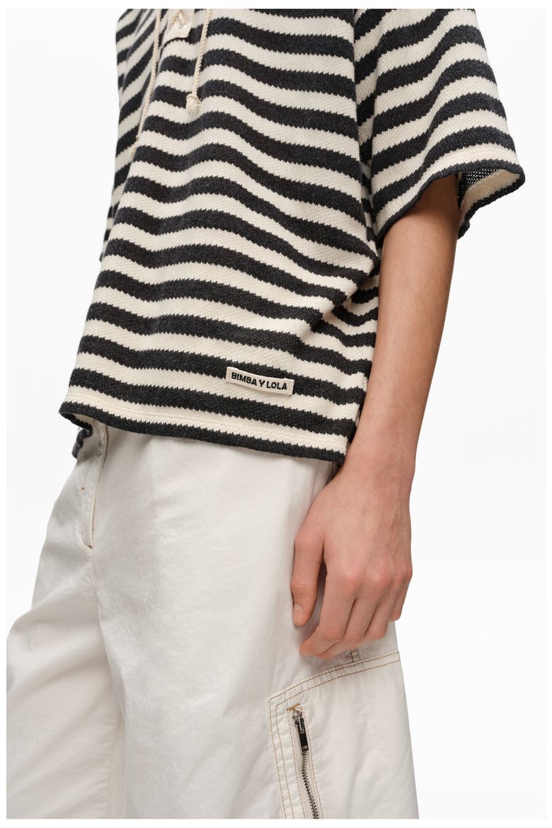 Striped T-Shirt With Adjustable Polo Shirt Collar, Alternate, color, BLACK