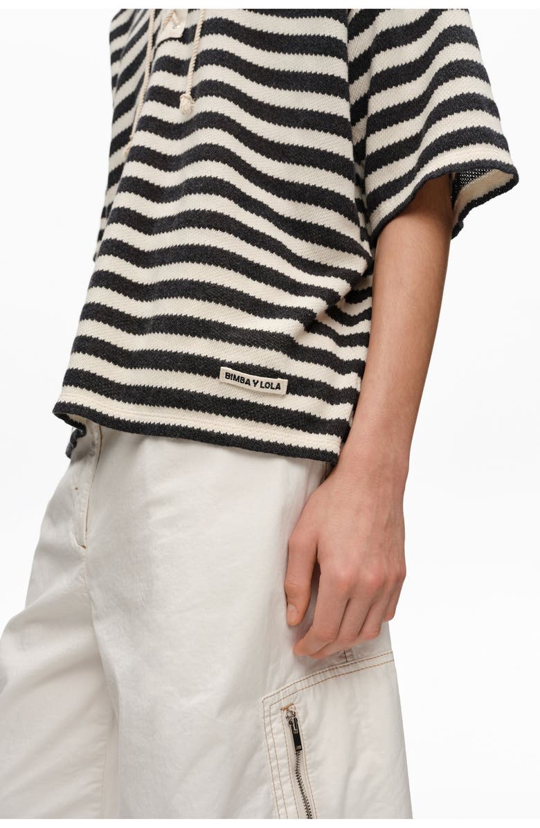 Bimba y Lola Striped T-Shirt With Adjustable Polo Shirt Collar, Alternate, color, Black
