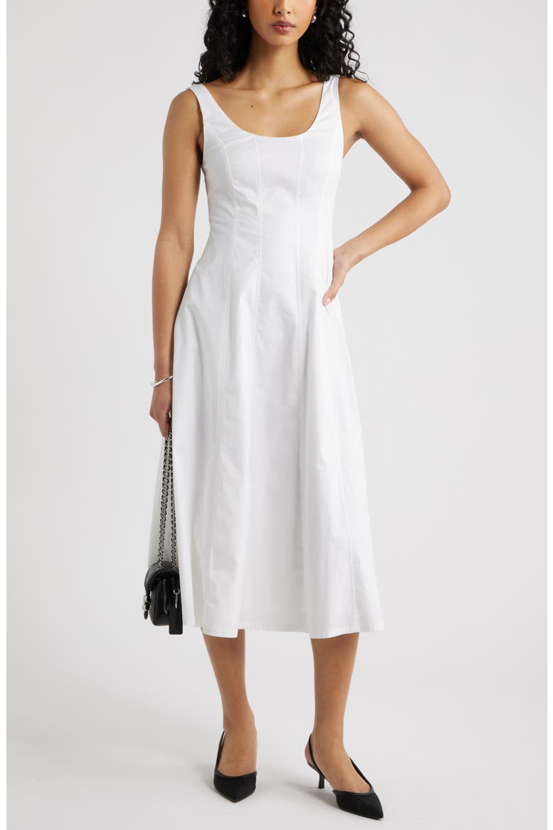 Seamed Strech Cotton Poplin Midi Dress, Alternate, color, WHITE