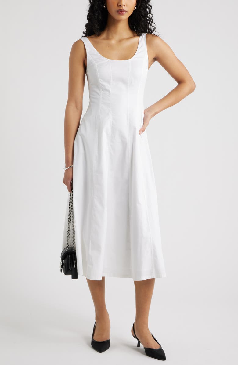 Open Edit Seamed Strech Cotton Poplin Midi Dress, Alternate, color, White