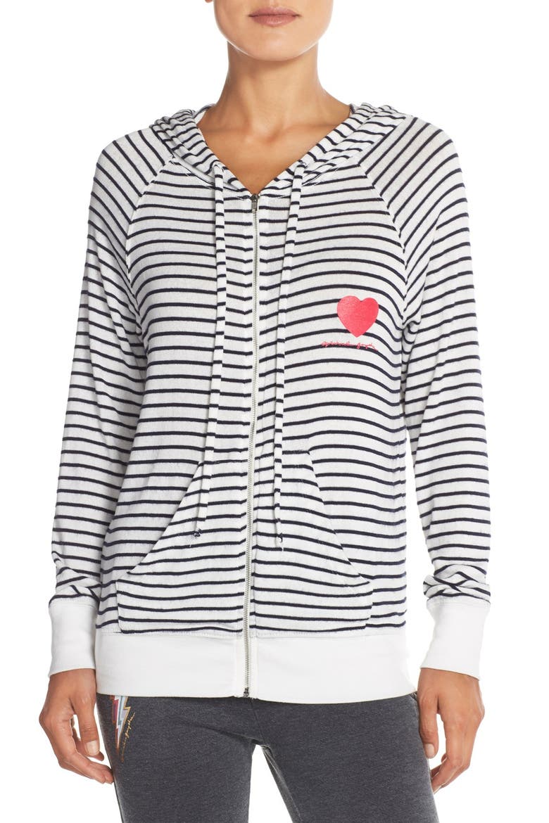 'Retro Salute Savasana' Stripe Full Zip Hacci Hoodie, Main, color, NAVY