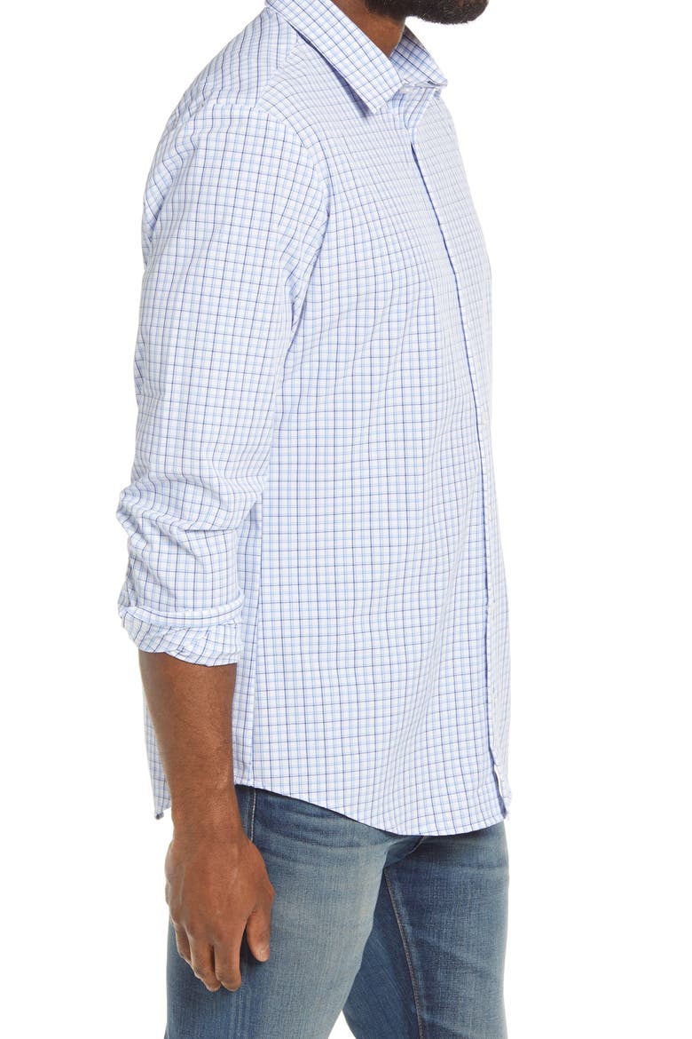 Leeward Trim Fit Tattersall Button-Up Performance Shirt, Alternate, color, NAVY BLUE TATTERSAL