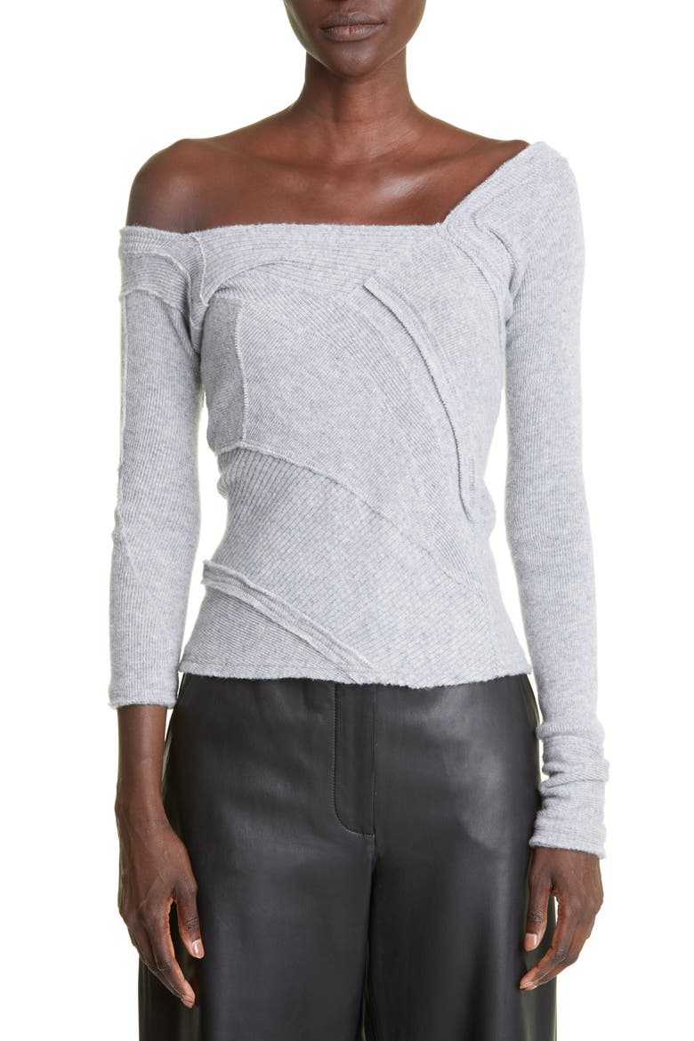 Patched Off the Shoulder Virgin Wool Sweater, Main, color, HEATHER GREY