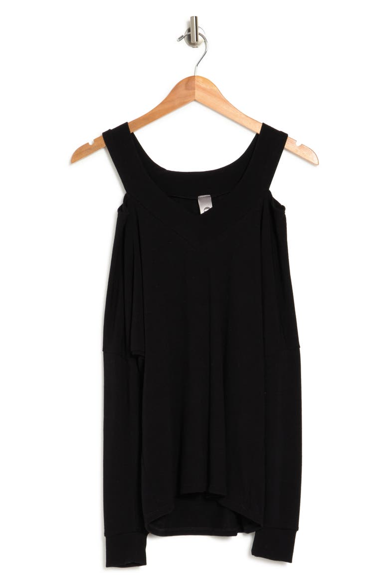 V-Neck Cold Shoulder Shoulder Hacci Knit Sweater, Alternate, color, BLACK PRINT 1