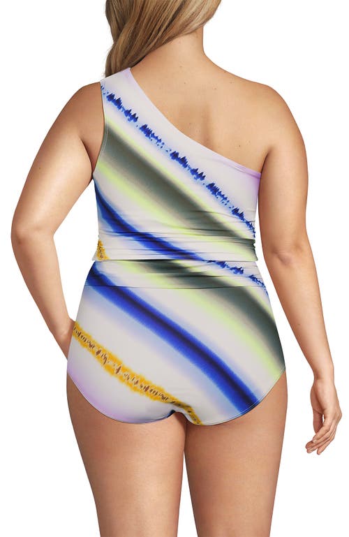Lands' End Ruched One Shoulder Midkini Swimsuit Top In Egret White Ombre Stripes
