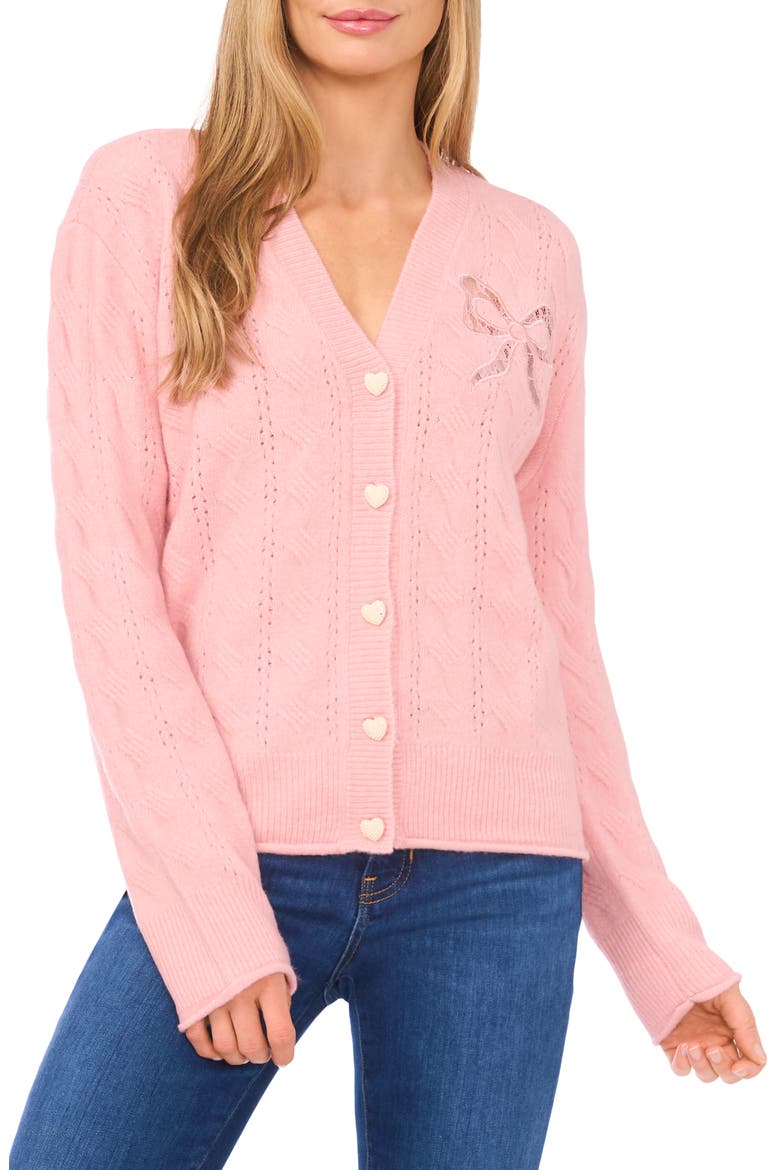 Pointelle Stitch Lace Bow Cardigan, Main, color, CORAL BLUSH