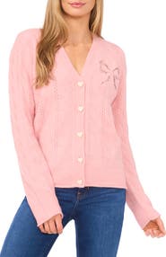 CeCe Pointelle Stitch Lace Bow Cardigan