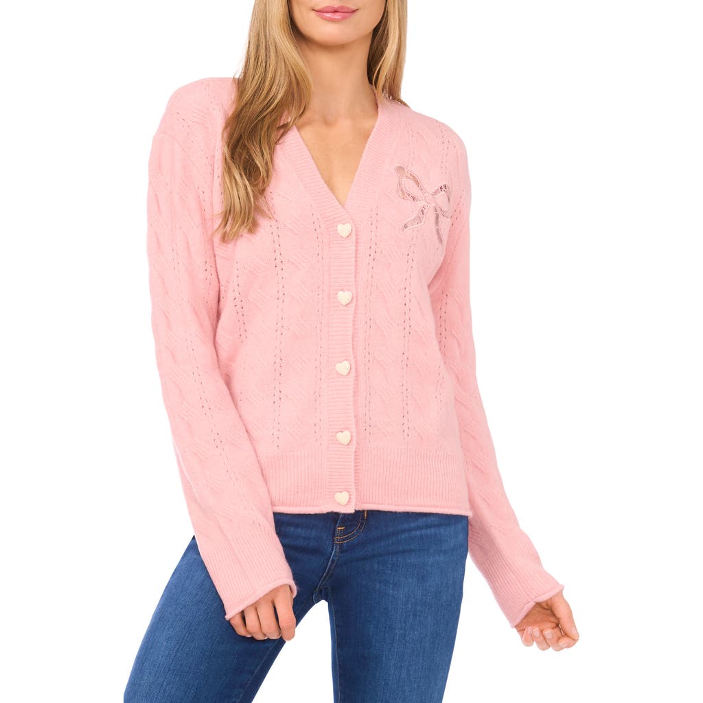 Cece Pointelle Stitch Lace Bow Cardigan In Pink