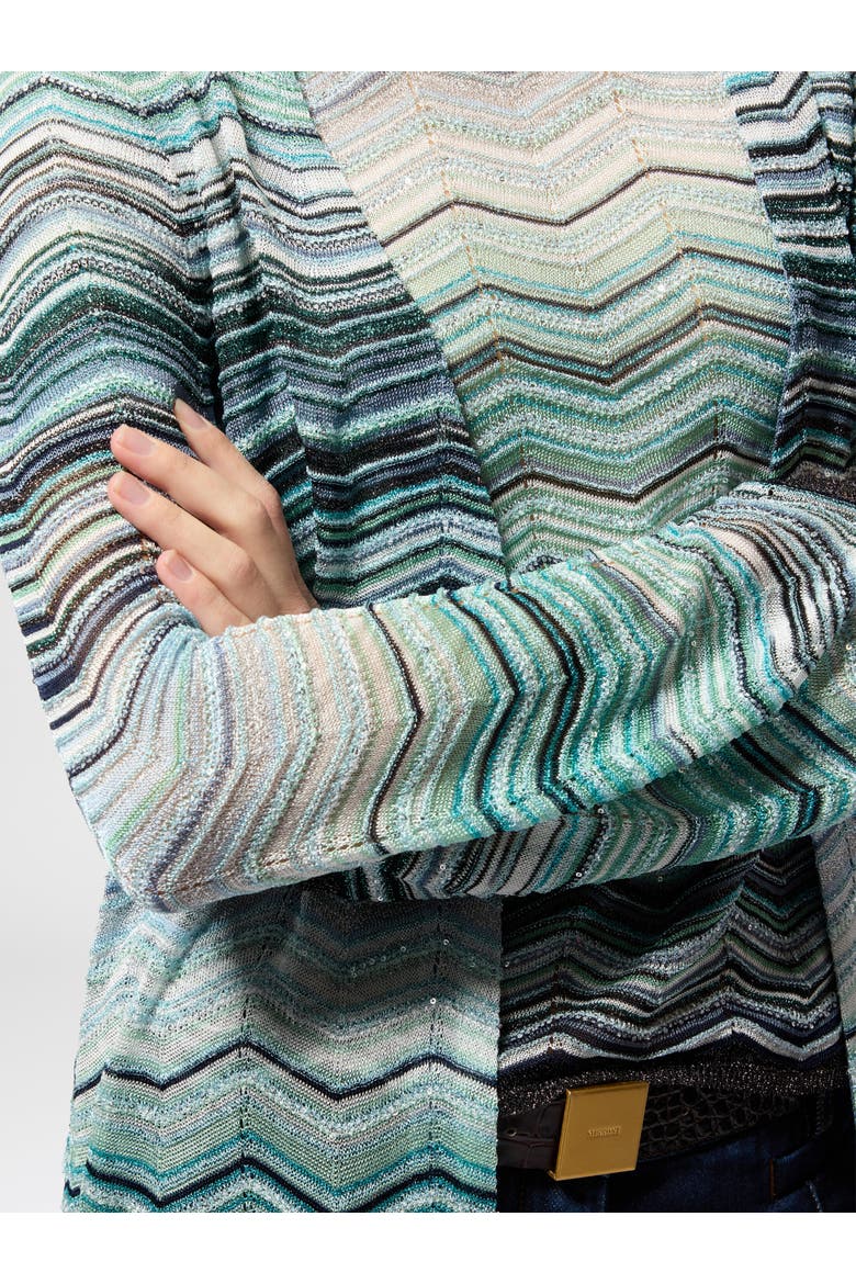 Long Cardigan With Chevron Motif And Sequins, Alternate, color, Turquoise