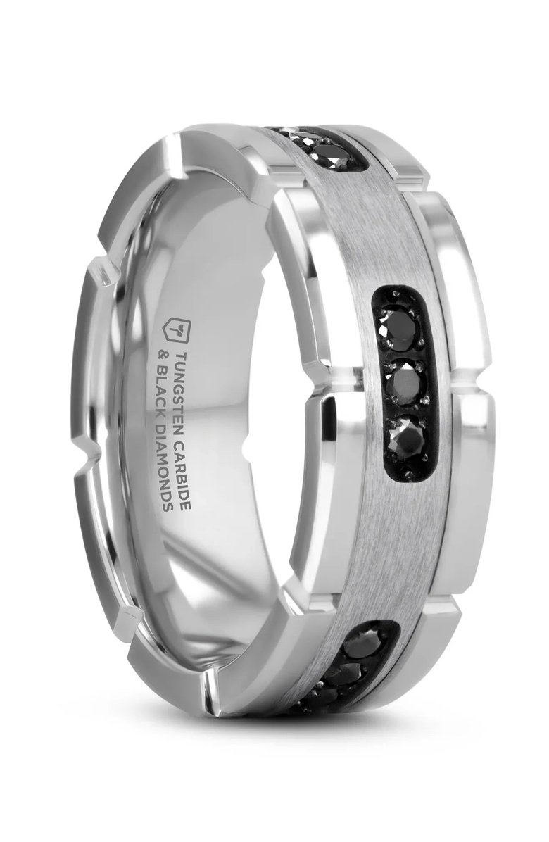 Larson Jewelers Valor Grooved Tungsten Wedding Band With Inlay and Diamonds, Main, color, Silver / Black 8Mm