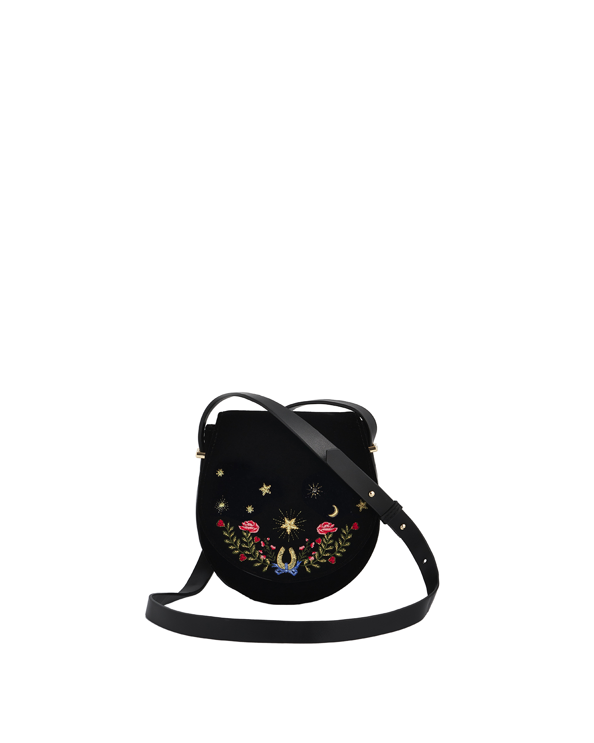 Fable England Kate Celestial Embroidered Velvet Saddle Bag, Main, color, Black