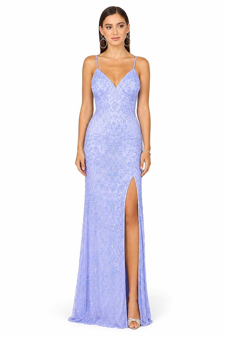 Body Con V-Neck Beaded Gown, Alternate, color, Blue Iris