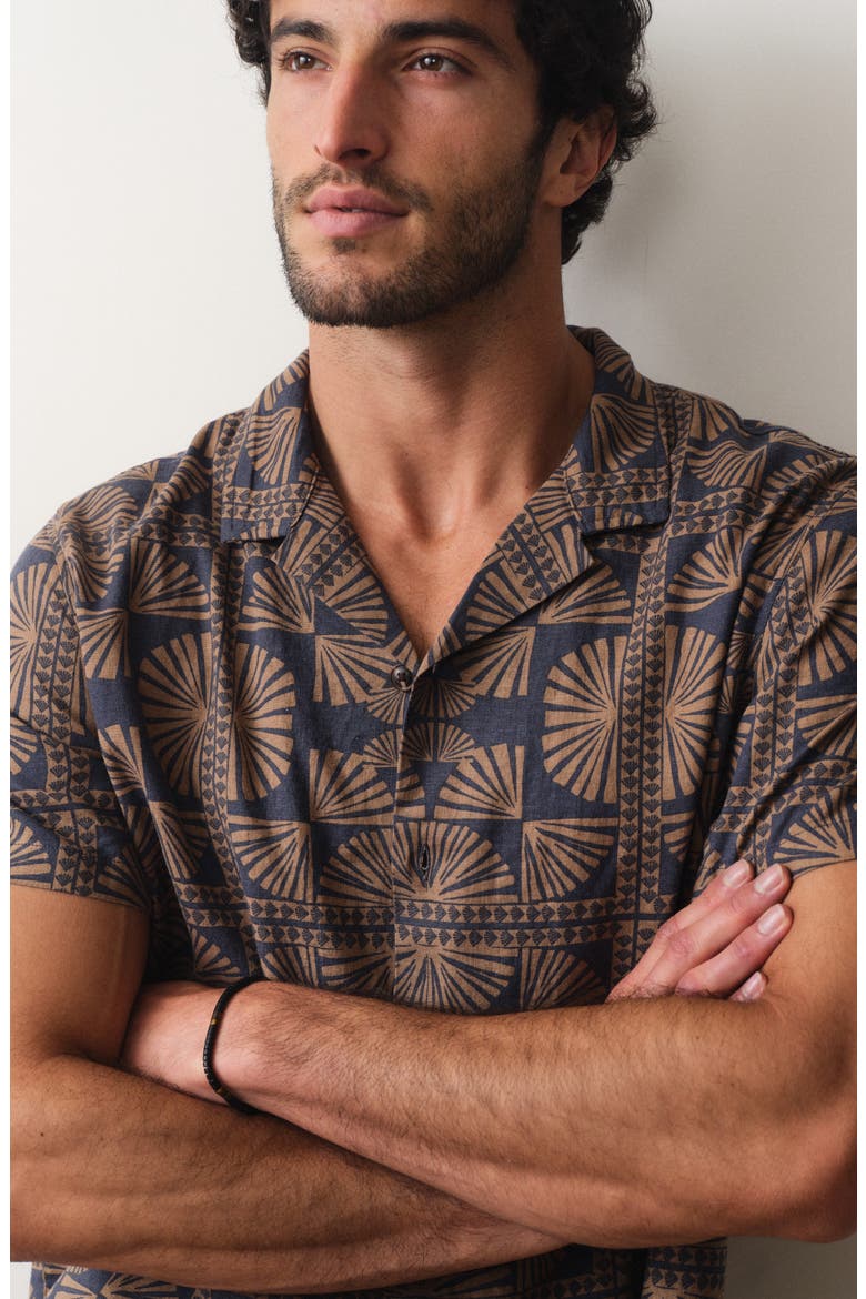 Pablo Geo Print Linen Blend Resort Shirt, Alternate, color, BROWN/ NAVY GEO FAN PRINT