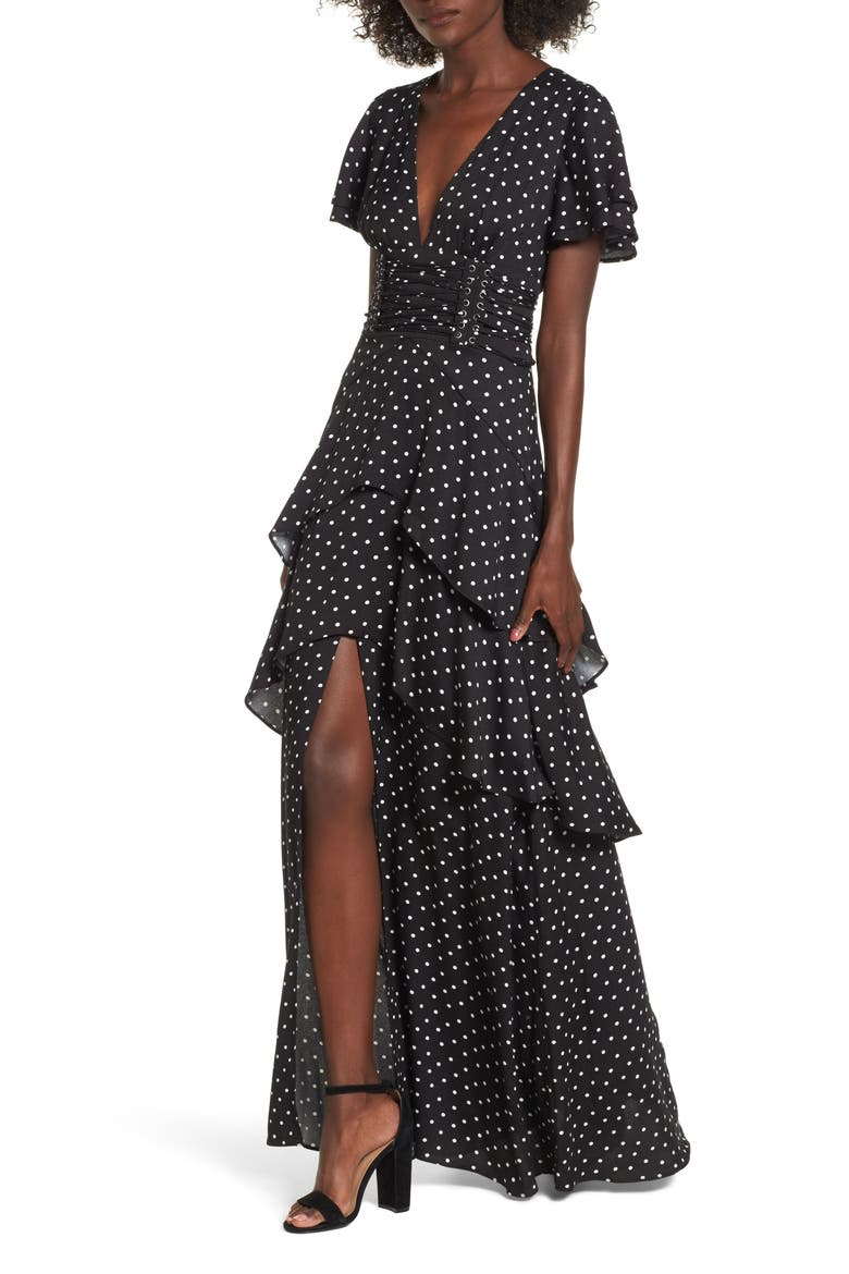 Micah Corset Maxi Dress, Main, color, NOIR POLKA DOT