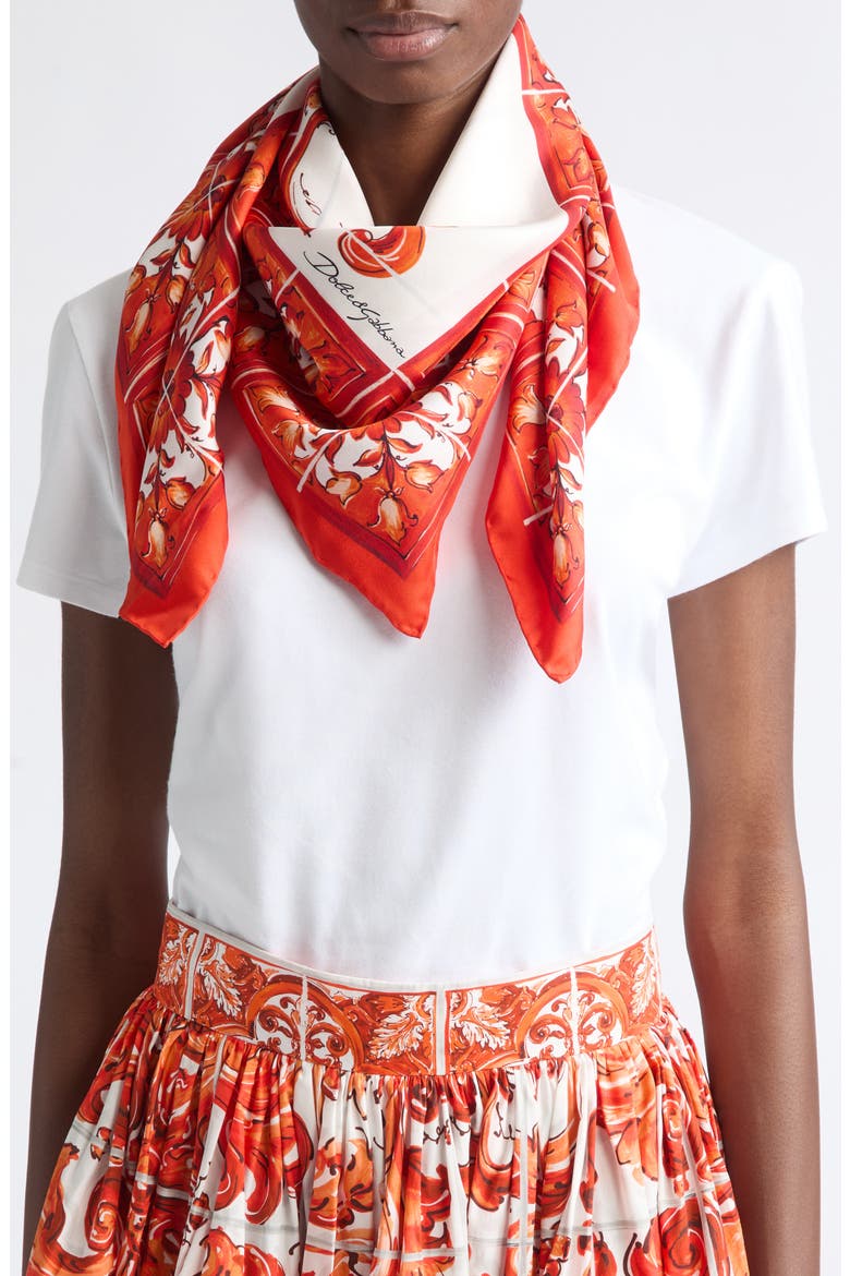 Majolica Print Silk Square Scarf, Main, color, MAIOLICA 7 ORANGE