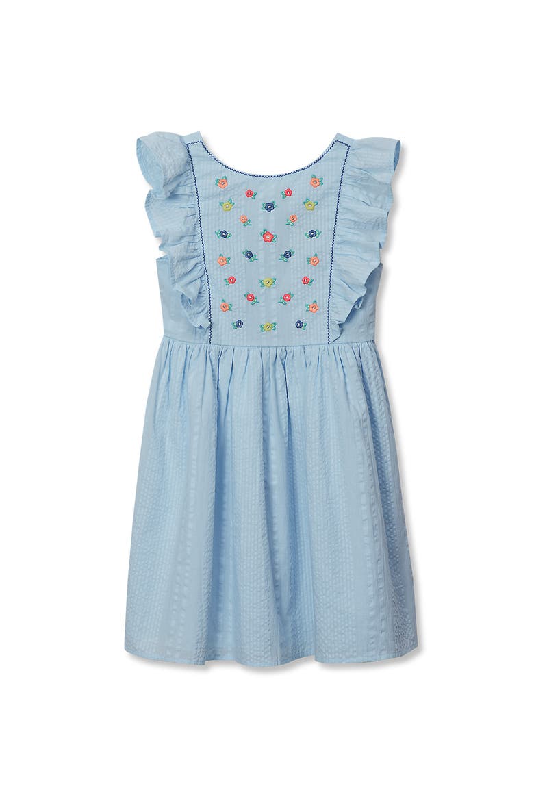 Girls Short Sleeve Seersucker Dress, Main, color, Nantucket Blue