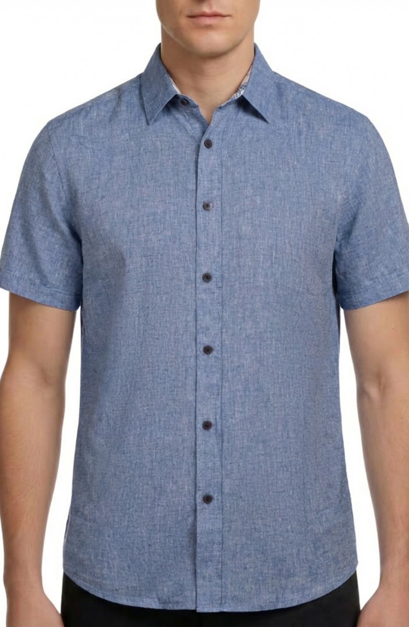 Short Sleeve Linen & Cotton Blend Button-Up Shirt