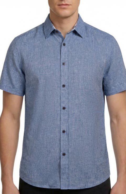 Short Sleeve Linen & Cotton Blend Button-Up Shirt