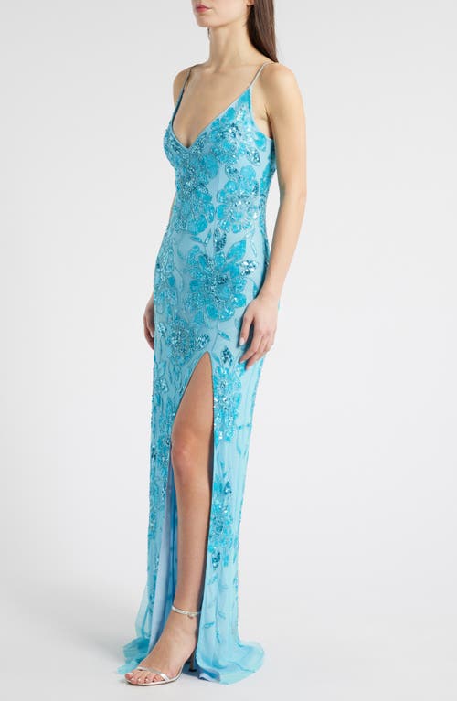 Jump Apparel Beaded Sequin Sleeveless Gown In Turquoise