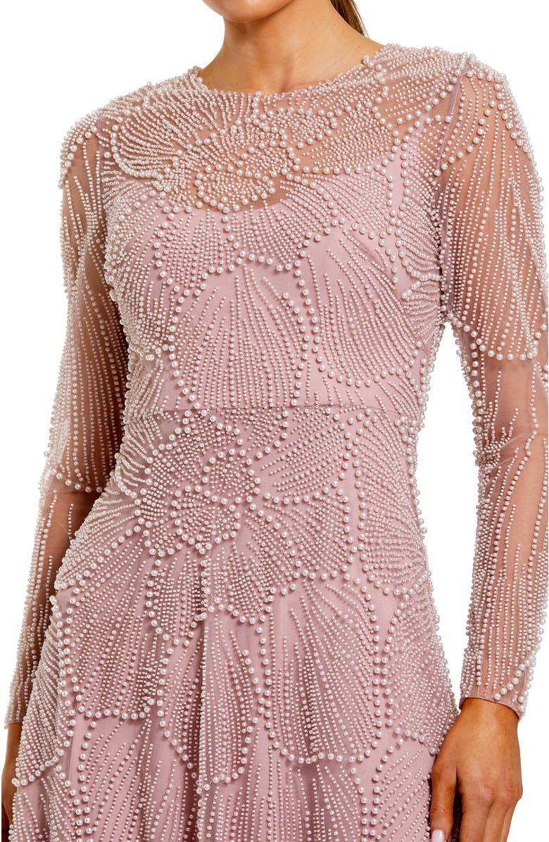Mac Duggal Beaded Mesh High Neck Long Sleeve A Line Gown, Alternate, color, Mocha