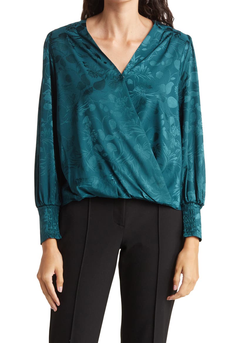 Surplice Long Sleeve Satin Blouse, Main, color, PINE NEEDLE